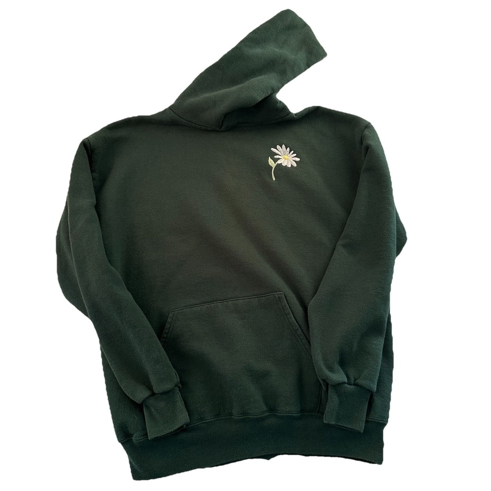 Jerzees Hoodie XL Green Daisy Embroidered Pullover Hooded Sweatshirt Unisex